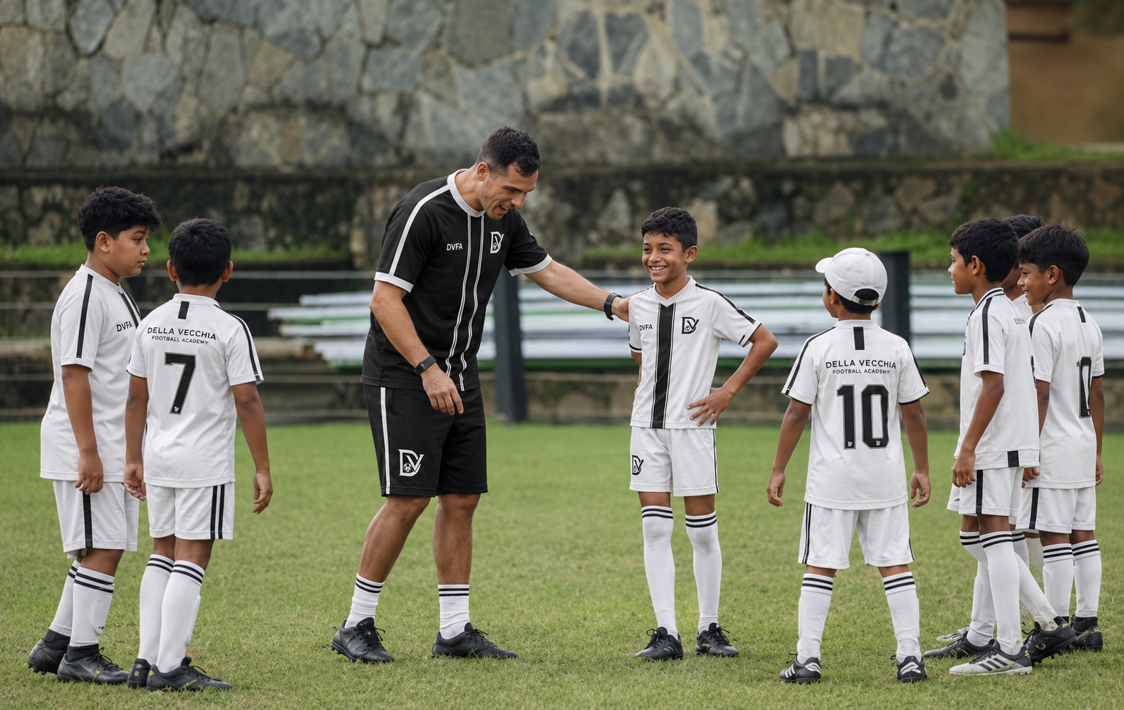 Entrenador de DVFA con jóvenes futbolistas durante una sesión de desarrollo
